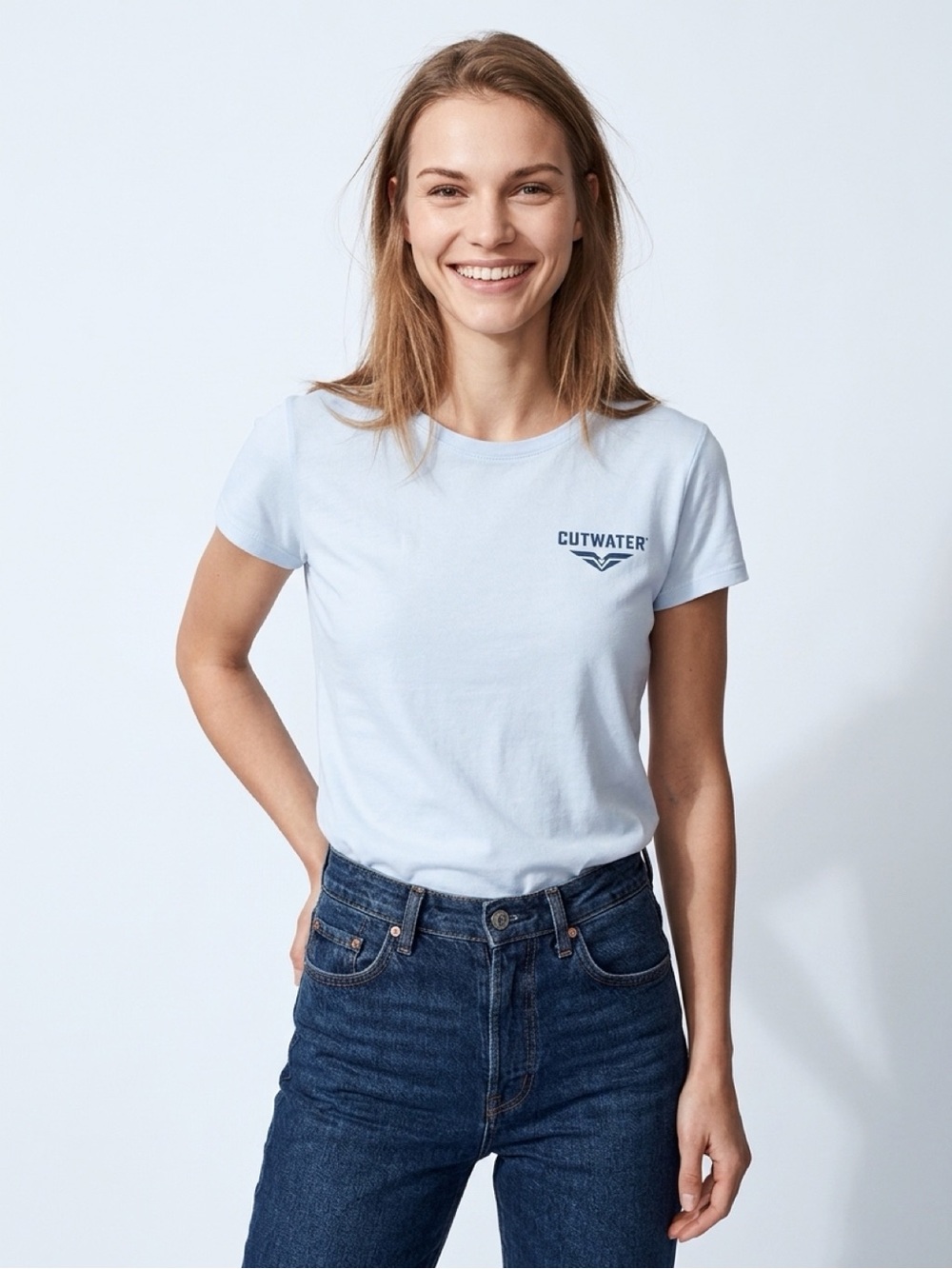 ALO Yoga White Tee with Navy Logo - Cutwater Collab Size S
